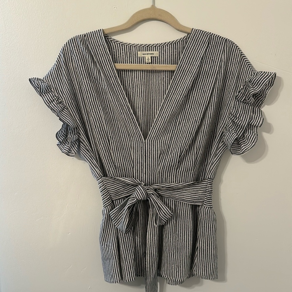 Black and White Deep V Blouse